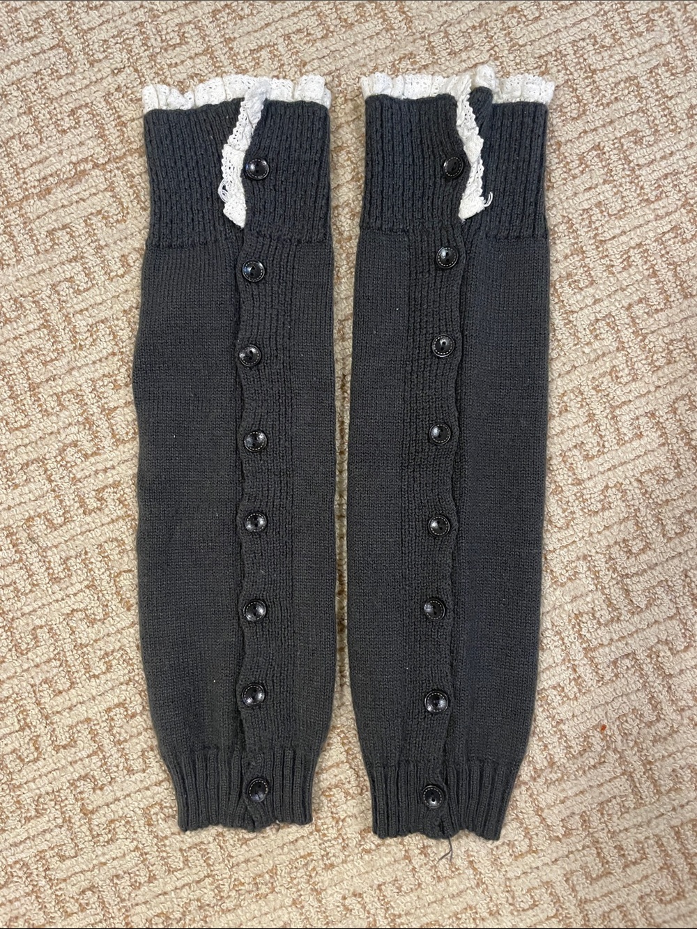 Black Knit Button-Up Leg Warmers with White Lace Trim